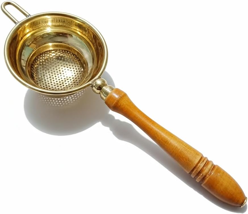 Handcrafted Brass Tea Strainer with Wooden Handle, 100% Pure Brass, Mesh Loose Leaf & Tea Filter, 19cm Length, 7cm Height, Rust Resistant, Chai Strainer Kitchen Accessory