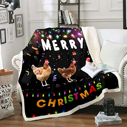 Homewish Merry Christmas Blanket Xmas Throw Blanket for Bed Chicken Print Fleece Blanket Rainbow Neon Sherpa Blanket White Snowflake Decorations Plush Blanket Kids New Year Gifts