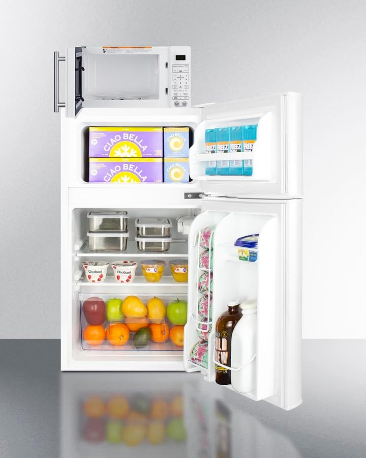 Summit Refrigerator Freezer and Microwave Combination, Breakroom, With USB Ports and Allocator, White- MRF34WA (Right Hand Door)