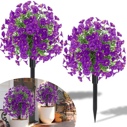 Lokediren 23" Set of 2 Artificial Boxwood Topiary Ball Flowers Tree with Spikes,UV Resistant Fake Mums Outdoor Shrubs with Flowers, Faux Plants Bushes for Garden Front Porch Yard Patio (Purple)