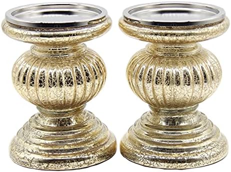 CFDECOR Mercury Glass Pillar Candle Holders Set of 2, with 3 LED Lights Inside, Candle Holders for Pillar Candle, Perfect Decoration Candlesticks Sets, Ideal for Living Room, Home, Xmas Decor (Gold)
