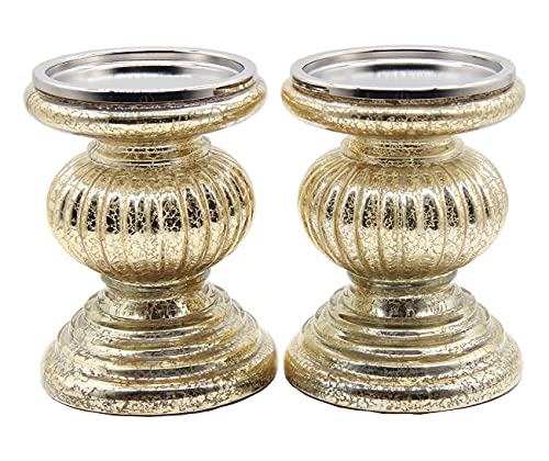 CFDECOR Mercury Glass Pillar Candle Holders Set of 2, with 3 LED Lights Inside, Candle Holders for Pillar Candle, Perfect Decoration Candlesticks Sets, Ideal for Living Room, Home, Xmas Decor (Gold)