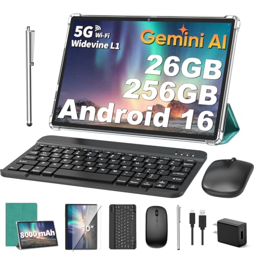 Image of 2026 Android 16 Tablet with Keyboard, Gemini AI, 10 inch Tablet with 26GB+256GB+2TB Expand, Electronic AI Tablet with 8-Core, 5G WiFi, 8000mAh, GPS, 2in 1 Tablet PC with Case, Mouse, Stylus (Green)