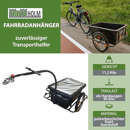 TRUTZHOLM Fahrradanhänger Lastenanhänger & Handwagen 90 Liter Transportanhänger mit Anhängerkupplung und Abdeckplane Kunststoffwanne herausnehmbar Fahrradwagen Trailer, Schwarz