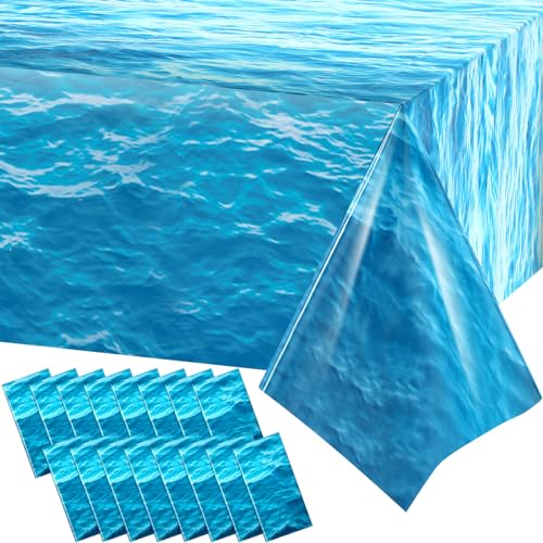 Image of Irenare 16 Pieces Ocean Plastic Tablecloth 54 x 108 Inch Blue | Water Waves Print, Disposable Table Cover for Under the Sea Theme Decoration Beach Pool Party, Birthday Baby Shower Supplies