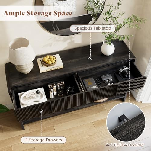 Image of AMERLIFE 45 inch Fluted Console Table with 2 Drawers and Open Shelf, Modern Entryway Table with Rounded Edges, Wood Sofa Table for Hallway, Foyer, Behind Couch, Living Room, Black