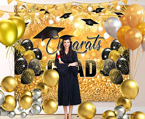 Congrats Grad Graduation Backdrop 2023 Prom Backdrop Class of 2023 Congratulations Graduation Backdrop Black Gold Glitter Balloon Background Graduate Party Ceremony Portrait Photography Vinyl 10x8ft - Thumbnail 5
