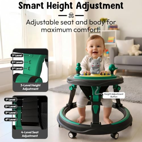 Image of StarAndDaisy Baby Walkers for 6-24 Month Baby boy 360 Walker for Kids for 6-24 Months with RGB Light, 7 Level Height Adjustment, Baby Walker with Switchable Food & Musical Toy Tray -Green Black