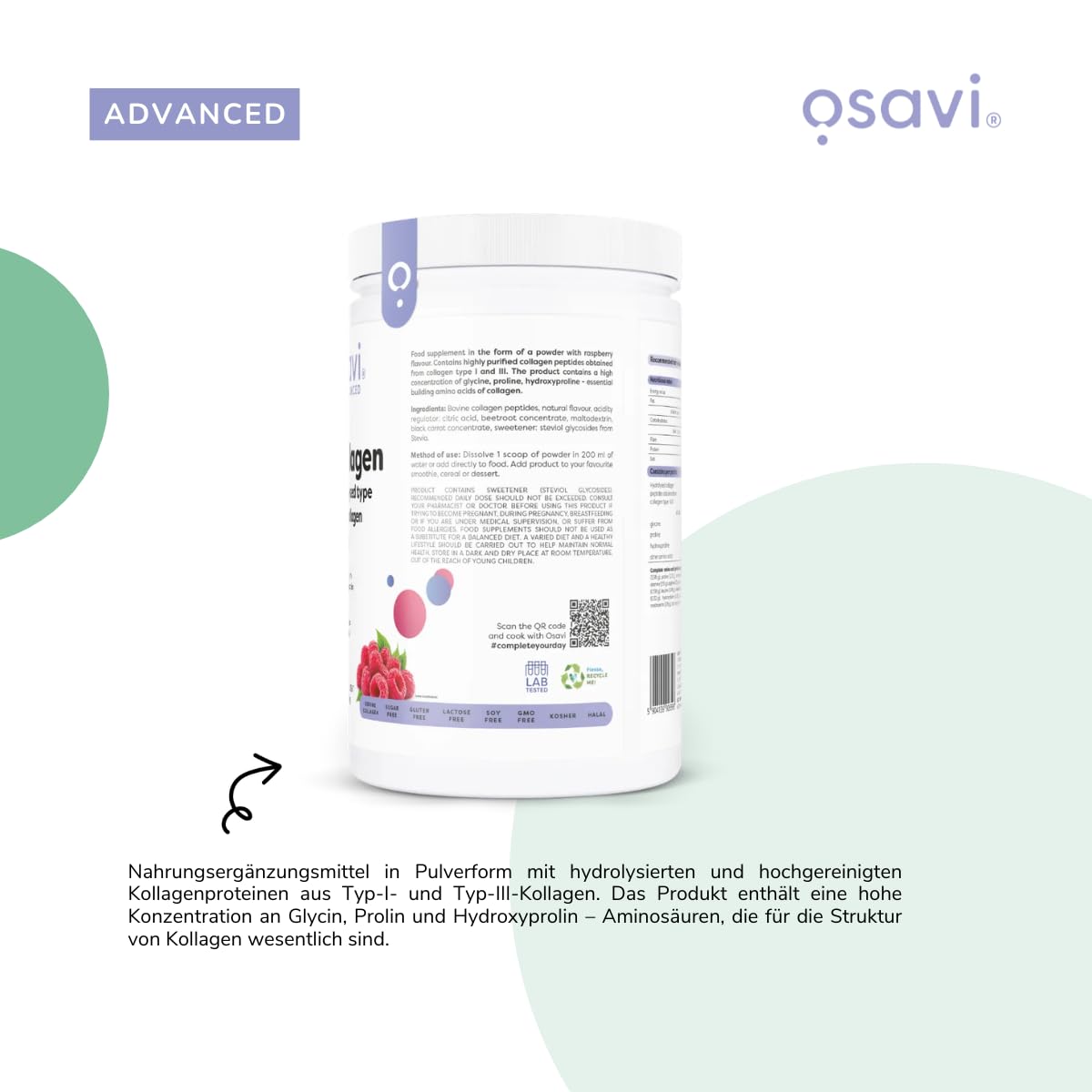 Osavi Hydrolysiertes Kollagen Typ I & III – 660 g Pulver | Himbeergeschmack | 20 g Peptide pro Portion | 18 Aminosäuren inkl. Glycin & Prolin | Unterstützt Muskeln & Knochen | Leicht löslich