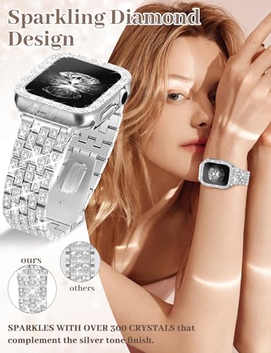 JR.DM Diamond Bands with Bling Case Women Compatible with Apple Watch 40mm Dressy Luxury Rhinestone Jewelry Metal Bracelet Wristband with Protector Cover for iWatch Series 6/5/4/SE Silver