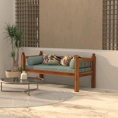 Image of Solid Sheesham Wood Sofa 2 Seater Sofa Diwan Bed for Home Living Room Wooden Couch Diwan Sofa Settee for Living Room and Office | Rosewood Three 2 Seater Sofa (Honey, 2 Seater)