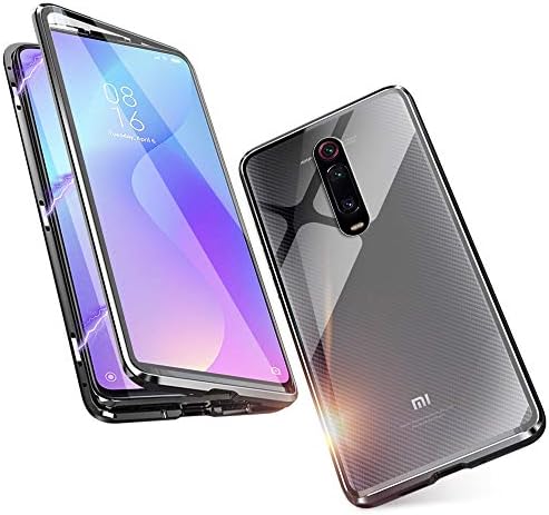 JUNHENG Case for Xiaomi Mi 9T Cover Magnetic Adsorption Tech Front Back Tempered Glass Unibody Design Powerful Magnets Built-in Frame Shockproof Metal Flip Cover, Black