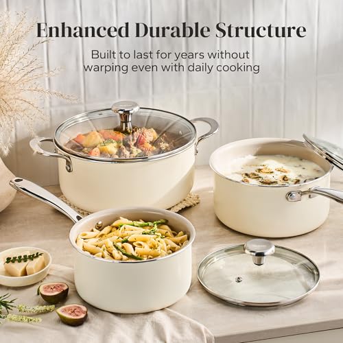 Image of Redchef Stock Pot Set with Lid 5Qt, Ceramic Saucepan Set 2.5 /3.5Qt, Induction Cooking Pot Set, Nonstick Cookware Set For Stoves, Even Heat, Stay-Cool Handle, Oven /Dishwasher Safe, PFAS Free (Beige)