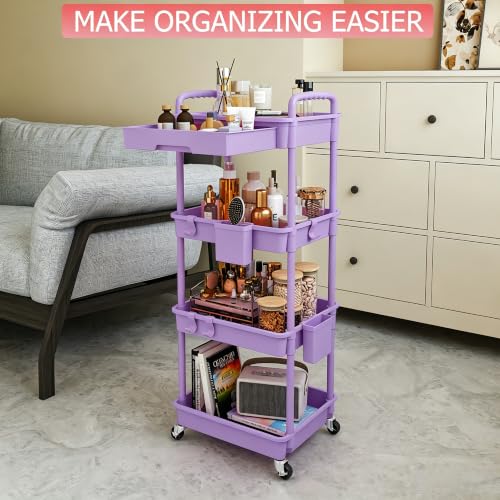 Image of REBECAT 4 Tier Rolling Cart with Drawer, Utility Storage Cart on Wheels for Kitchen, Bathroom, Living Room,Office(Purple)