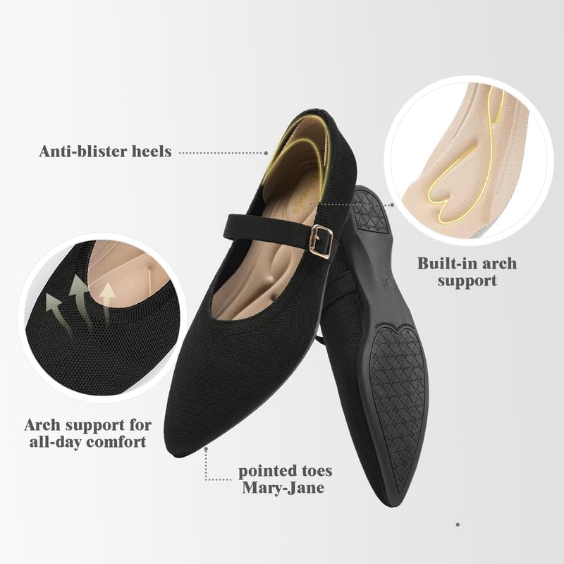 Women's Pointed Toe Knit Mary Jane Ballet Flats for Office Casual Wear Stretchy Dressy Slip-On Shoes with Arch Support - Image 3