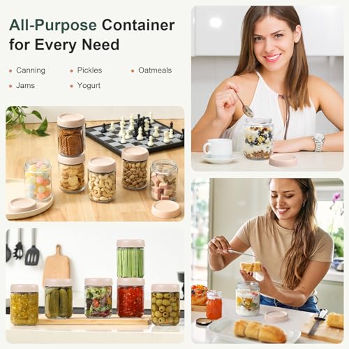Image of NETANY 6-pack 16oz Glass jars with Airtight Lids, Overnight Oats Containers with Lids, Wide mouth Mason Salad jars, Glass Food Storage Containers for Snacks Yogurt Spice Sugar-Beige