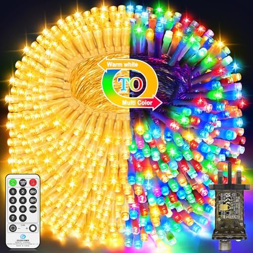 328 FT 720 LED Christmas Lights Outdoor Fairy Lights Plug In Color Changing String Lights Waterproof 11 Modes Timer for Outside House Tree Garden Wedding Party Decorations-Warm White to Multicolored