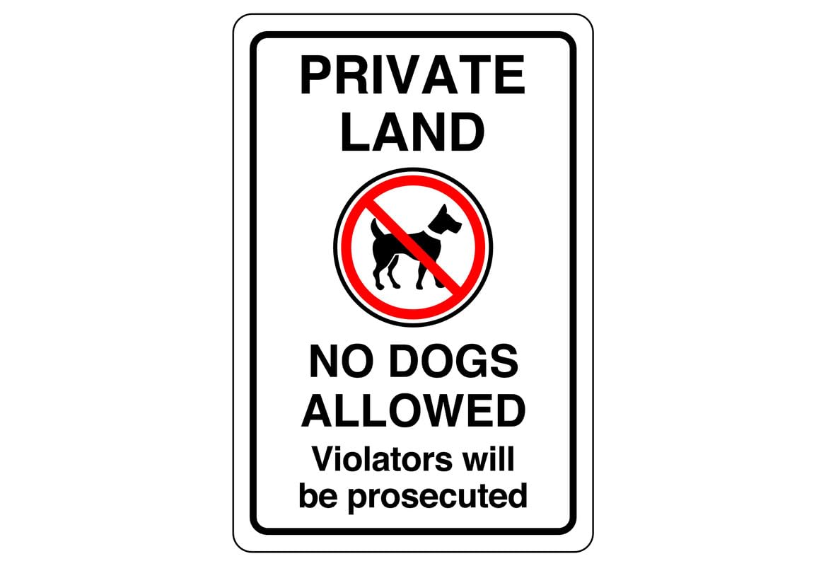 Private land no dogs allowed violators will be prosecuted safety sign - 1.2mm Rigid plastic for indoor/outdoor usage (400mm x 300mm) Viewing Distance within 14m.