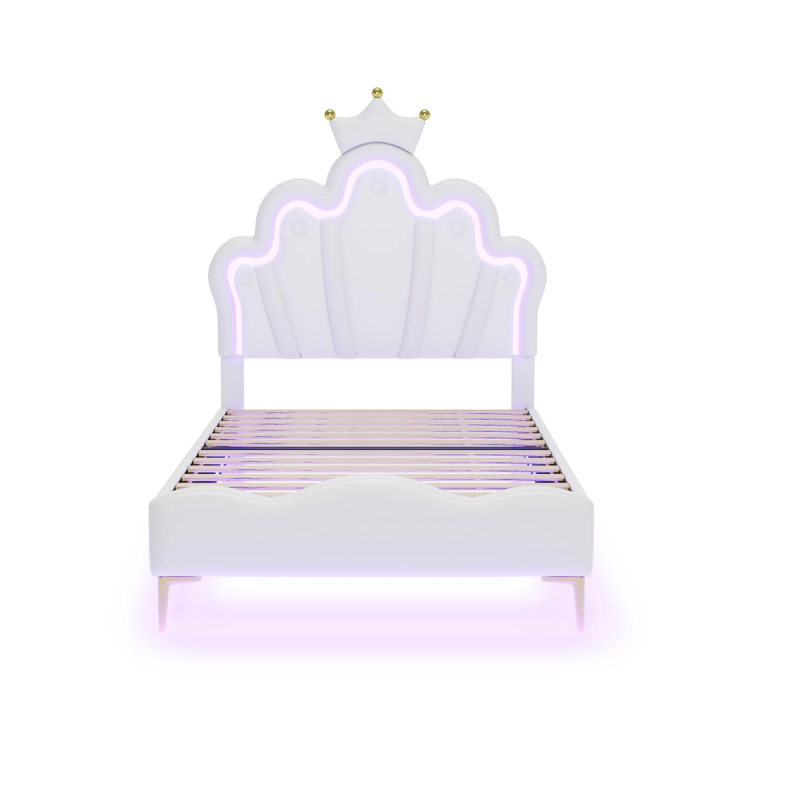 Lettino imbottito per bambini, 90 x 200 cm, con testa a LED e testiera regolabile, a forma di corona, letto singolo, per ragazzi, con rete a doghe (bianco D, 90 x 200 cm)