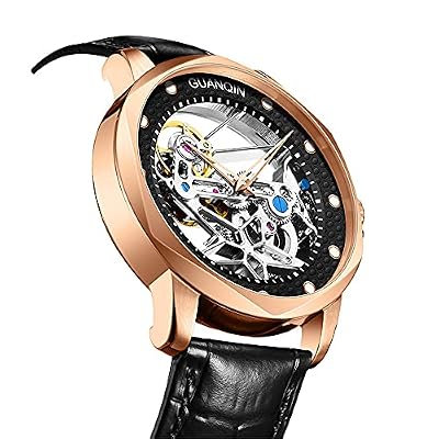 GUANQIN Vintage Men Skeleton Automatic Self-Wind Mechanical Watch Sapphire Crystal Business Double-Sided Hollow Waterproof Luminous Clock Man Genuine Leather or Rubber Strap Wristwatch