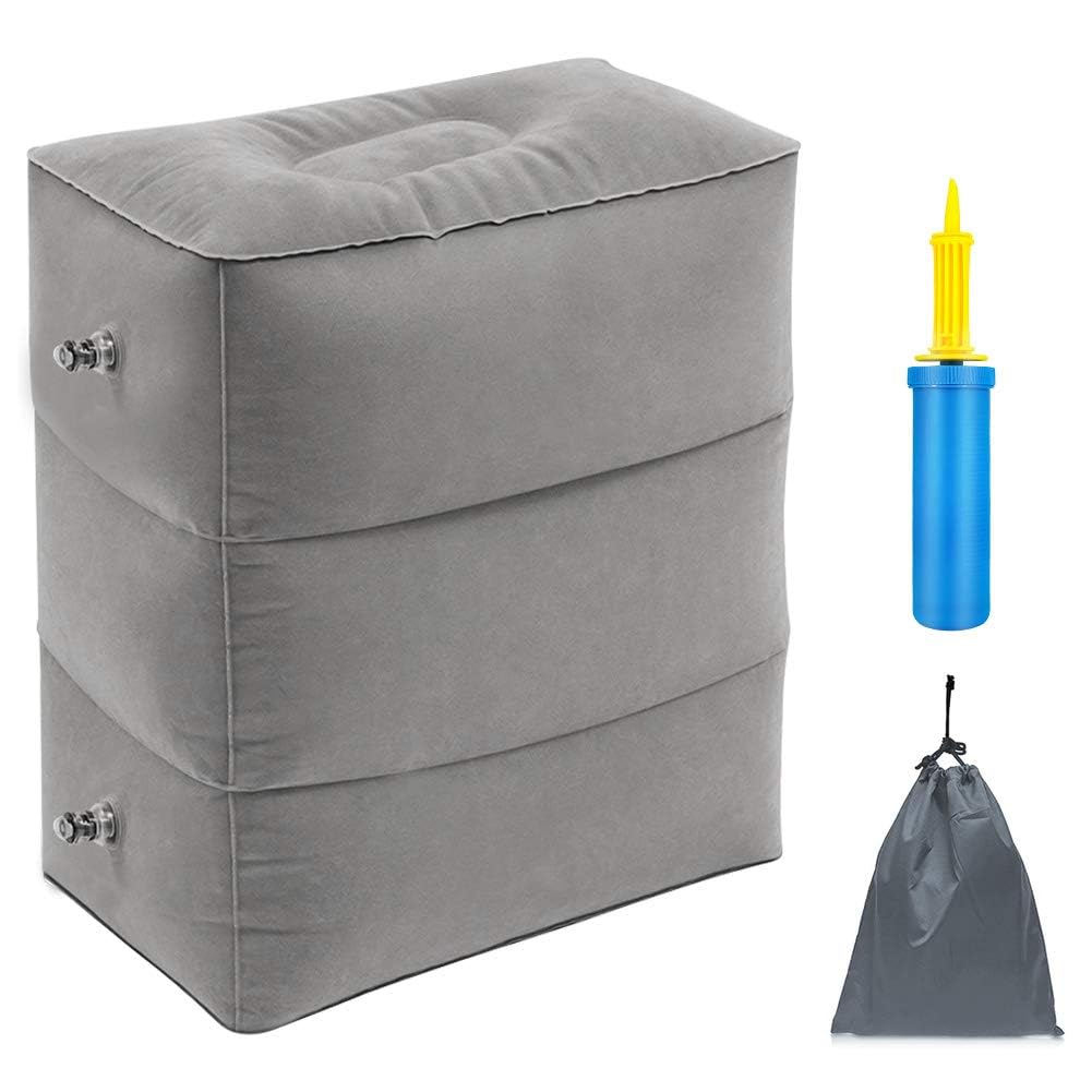 ABOUT SPACE Travel Foot Rest Pillow - Inflatable Foot Rest with Hand Pump & Drawstring Bag for Flight & Car - Portable & Height Adjustable Leg Rest Pillow for Kids, Adults L 40 x B 25 x H 46 cm - Grey