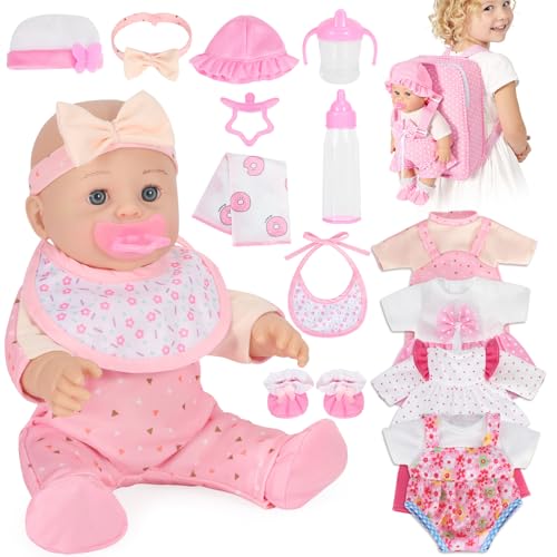 Mastom 12 Baby Doll Playset with 4 Outfits Backpack 12 Inch Realistic Baby Dolls with Clothes Backpack and 2 Bottles Bib Quilt Nipple Socks Pretend Play Baby Doll Gift for Toddlers Girls Age 3+