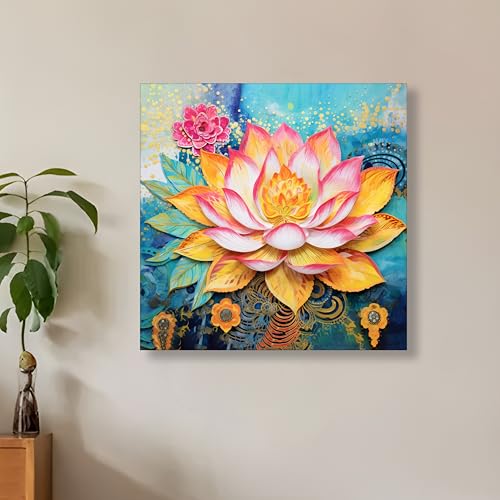 Image of PAINTINGMANTRA Modern Lotus Artwork Stretched Canvas Painting for Living Room | Abstract Floral Canvas Wall Decor Art For Livingroom, Bedroom, Office, Hallways - 22x22 Inch