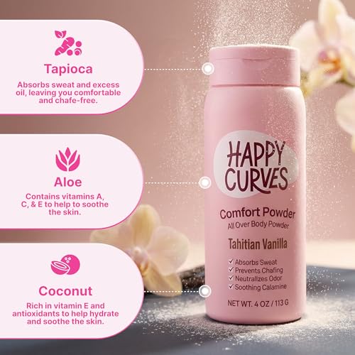 Image of HAPPY CURVES Comfort Powder: Talc Free Anti Chafe Body & Foot Dusting Powder Deodorant to Control Inner Thigh Chafing, Private Areas, and All Over Body for Women (4 Ounce (Pack of 1), Fragrance-Free)