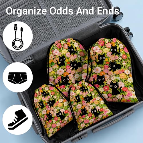 Image of Cat Drawstring Bag Foldable Storage Floral Bags for Cloth Shoes Toiletries