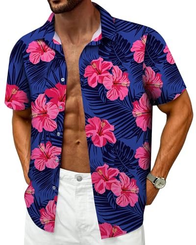 Hawaiian Shirt for Men, Tropical Shirts for Mens Summer Button Down Shirt Men Short Sleeve Floral Beach Shirts Cruise Shirt Vacation Outfits, Flower Purple, Large
