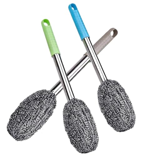 3-Pack Steel Wool Scrubber with Long Handle, Kitchen Dishwashing Pot Scrubber for Deep Cleaning