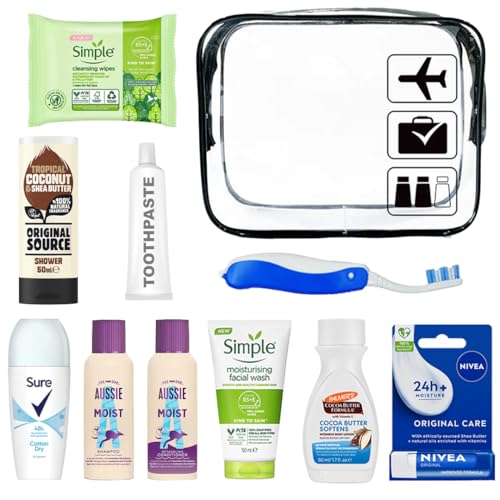 Travel Toiletries Set for Women - Mini Toiletries Kit for Holiday Hospital Overnight Stays Airport Security Approved Travel Size with Airport Approved Security Bag Essential Items