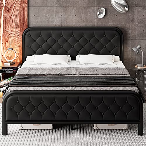 Ipormis Queen Size Metal Bed Frame With Faux Leather Button Tufted Headboard And Footboard, Heavy Duty Platform Bed With 17 Steel Slats,12" Under-Bed Space, No Box Spring Needed, Noise-Free, Black #TOP17