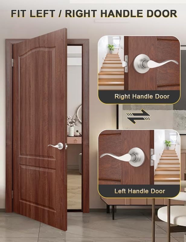 Image of Mengico 5 Pack Satin Nickel Modern Interior Passage Door Knobs, Keyless Door Handle for Hallway & Closet, Wave Style Non-Locking Door Lever Reversible for Left & Right Handed
