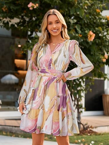 Image of Simplee Womens Spring Floral Mini Dress Long Sleeve Boho Chiffon Short Dress Casual Flowy Fall Wedding Guest Dresses