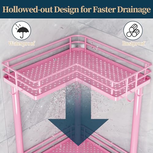 Image of Consumest Corner Shower Caddy Standing - 3-Tier Stainless Steel Shower Organizer with Soap Holder and 4 Hooks, Large Capacity Corner Shelf Stand for Bathroom, Rest Room, Pink