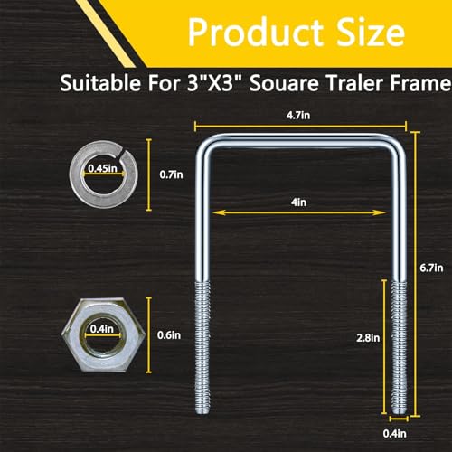 Image of 4in W x 6.7in L Zinc-Plated U-Bolts with Nuts 6pcs and Spring Washers 12pcs for Boat Trailer Tubes 12pcs, Rectangular Wood and Metal Objects, Square Zinc-Plated Bolts (M10 x 100mm x 170mm)