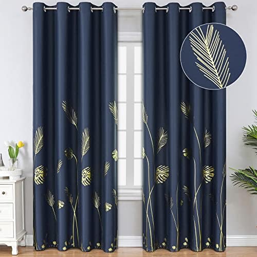 Estelar Textiler Blackout Curtains for Living Room 84 Inches Long Gold Palm Tree Printed Thermal Insulated Room Darkening Curtains for Bedroom, Navy Blue, 52Wx84L, 2 Panels