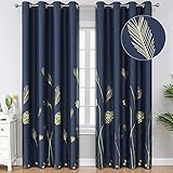 Estelar Textiler Blackout Curtains for Living Room 84 Inches Long Gold Palm Tree Printed Thermal Insulated Room Darkening Curtains for Bedroom, Navy Blue, 52Wx84L, 2 Panels