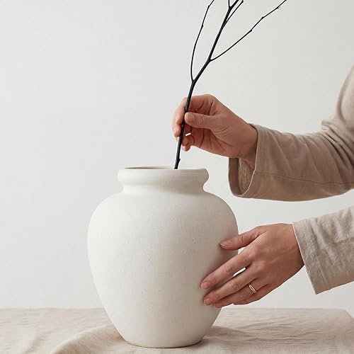 Large White Ceramic Vase, 8.5" Tall Rustic Farmhouse Decoration | Sandstone white round vase, Minimalist style, Suitable for fresh & dried flowers, Ideal table centerpiece