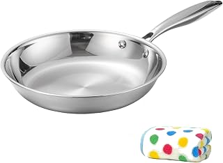 Premium 304 Stainless Steel Frying Pan, 24 cm, Uncoated for Induction Hobs and Oven, Ergonomic Handle, Healthy Cookware for Steak and Egg