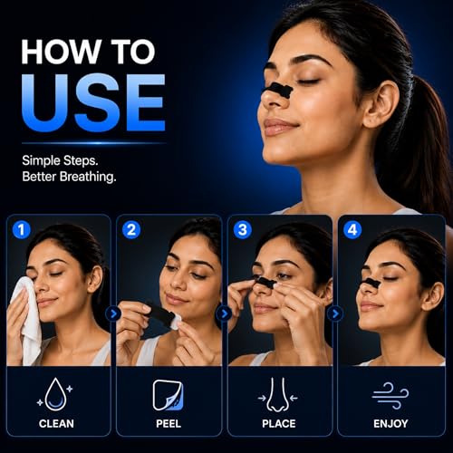 Image of Atovio BreatheX Nasal Strips for Snoring & Congestion Relief | CDSCO Licensed | Extra Strength Drug-Free Nasal Dilator | Sweat-Proof Adhesive | Instant Airflow for Sleep & Sports (Black, 20 Strips)