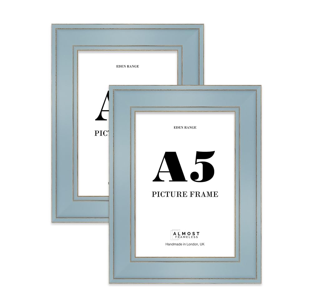 A5 Cornflower Blue Picture Frame - Shabby Chic Photo Frame with Distressed Finish, Gold Trim, Wall Hooks and Kickstand, 37mm Edge - 2 Pack