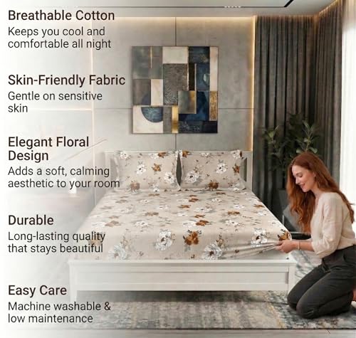 Image of BSB HOME 210 TC Cotton Double Bedsheet with 2 Pillow Covers, Soft Breathable Fabric, Elastic Fitted Sheet, Wrinkle Resistant, Deep Pocket Fit - 78 x 72 + 10 Inches (Sandy Beige)