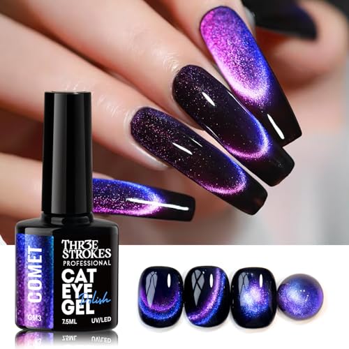 Image of THR3E STROKES Cat Eye Gel Nail Polish Set for Pink Brown Glitter Holographic Cat Eye, Salon Gel Manicure and Nail Art DIY at Home, Bright Moonlight (COMET)
