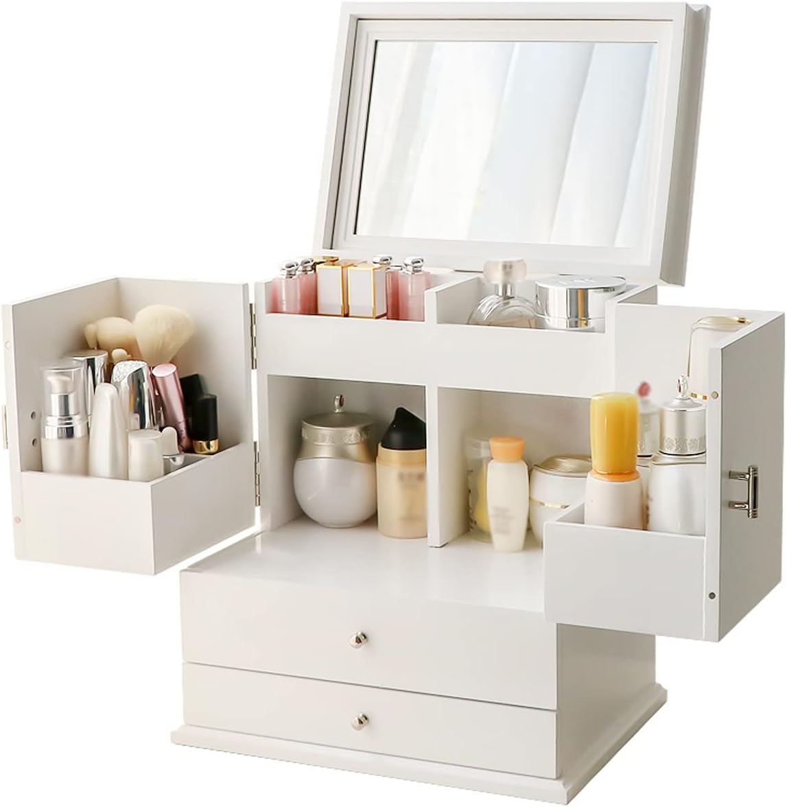 Makeup Organizer Cosmetic Jewelry Display Case with Mirror Integrated Double Door Skincare Organizers Storage Box for Bathroom Countertop Bedroom Vanity Desk