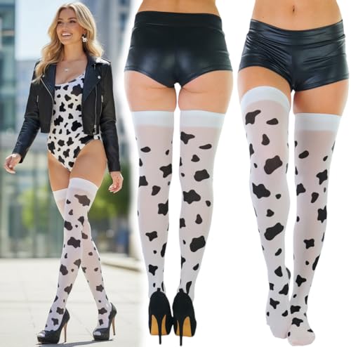 Image of ToBeInStyle Women's Cow Print Thigh High Stocking Bessie The Cow Costume Nylon Bodystocking Cosplay