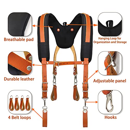 Genuine Leather Suspender Tool Belt For Men, Adjustable Leather Suspenders For Heavy Duty Work Tool Belt Construction Harness Padded With 4 Loops For Carpenter, 35" - 49" #TOP1