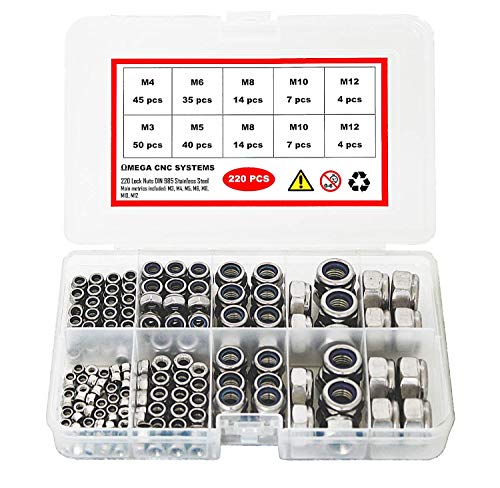 OMEGA CNC SYSTEMS 220 Piezas Tuercas de Seguridad DIN 985/ISO 10511 Acero Inoxidable 304 A2 Surtido Tama�o M3 M4 M5 M6 M8 M10 M12