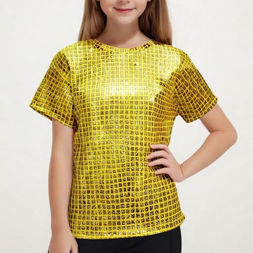 Children Boys Girls Glitter Shiny Metallic T Shirt Short Sleeve Crewneck Tops Jazz Hip Hop Modern Dance Blouse2